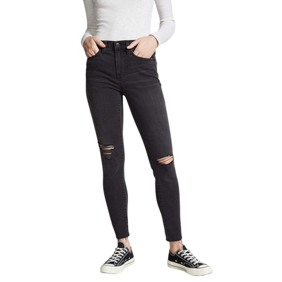 Madewell 9” Mid Rise Skinny Jeans Black Sea Distressed Knee | Size 27 - Picture 1 of 13